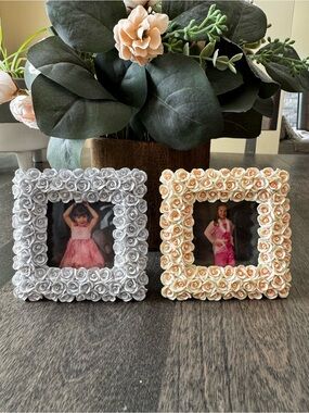 2 Vintage 3D Picture Frames Roses Amscan Grey Pink 3 1/2" squares for 2" photos